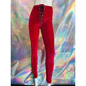 NEW Red Velvet Leggings with Black Lace Up Waist